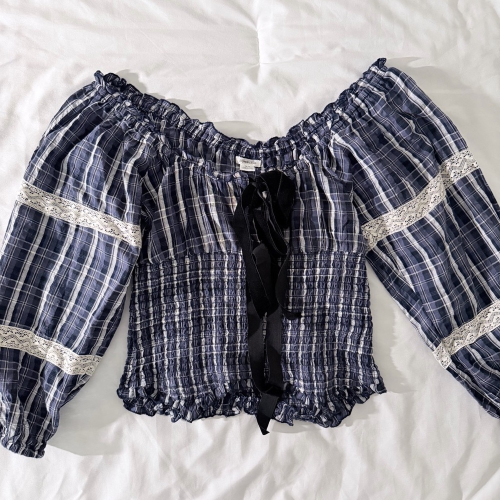 Urban Outfitters Navy Plaid Smocked Off-Shoulder Blouse with Lace Trim